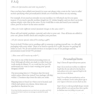 May include: A FAQ page for a jewelry shop on Etsy. The page explains how to personalize and order jewelry, including how to add initials, pendants, and designs. It also explains the shop's processing and shipping times, and how to order gifts.