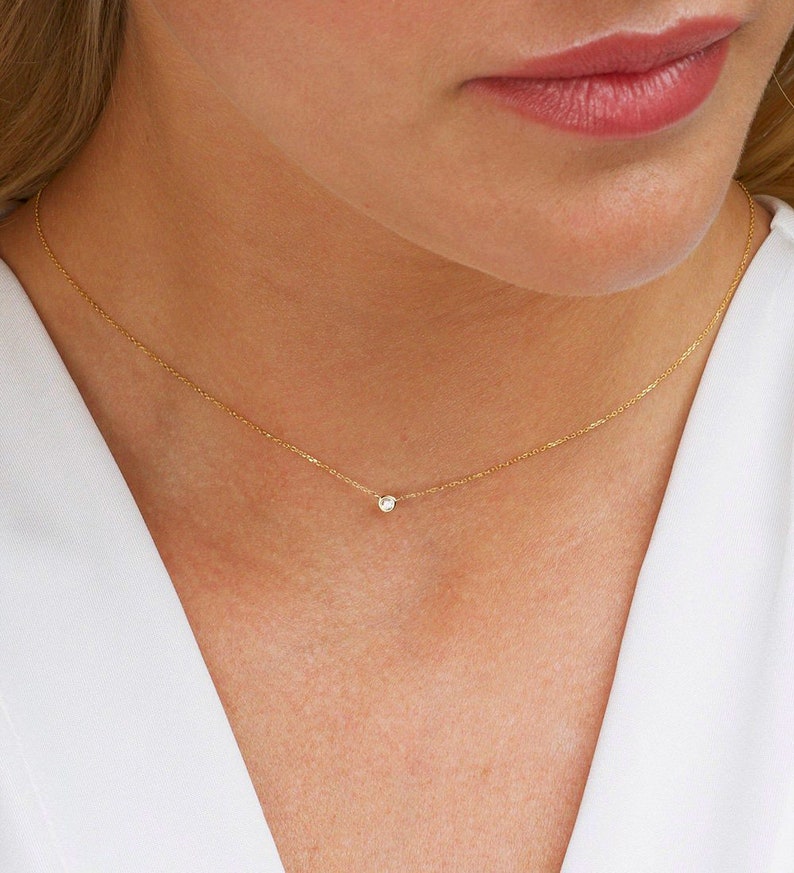 White Diamond Necklace, Dainty Diamond Necklace, Tiny Necklace, Solid Gold Diamond Necklace, Solitaire Diamond Necklace, Diamond Pendant image 3