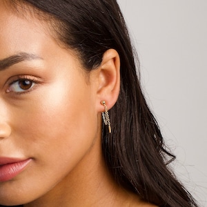14k Gold Bead Dangle Chain Stud Earrings - Minimalist Jewelry image 2