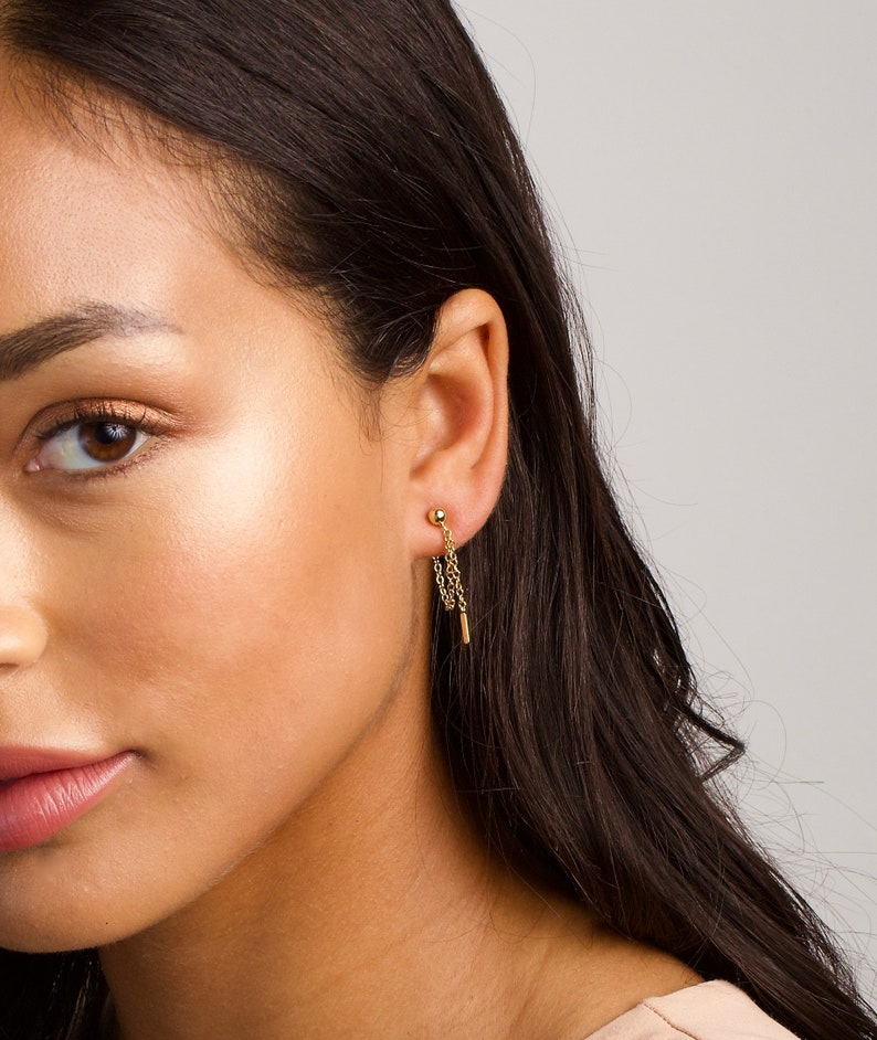 14k Gold Bead Dangle Chain Stud Earrings - Minimalist Jewelry image 2
