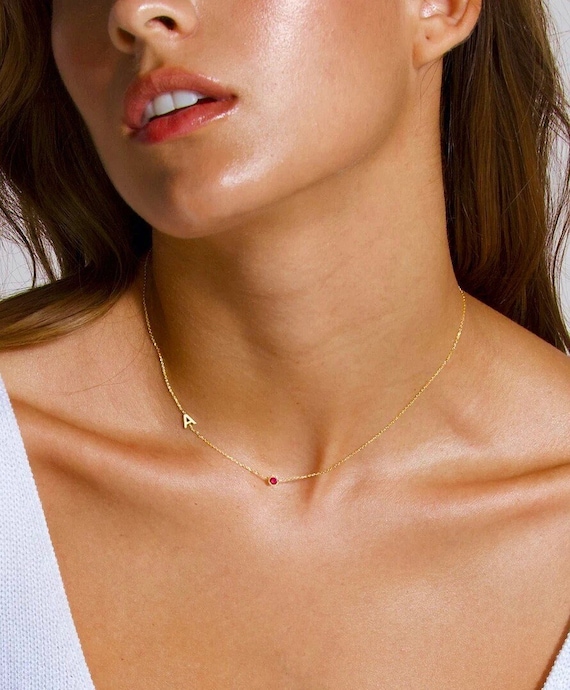 Tiny Gemstone Initial Choker Necklace Personalized Initial