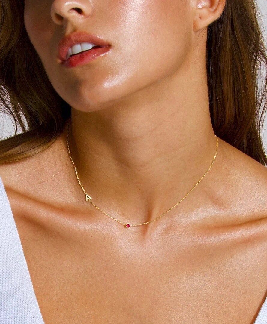 Tiny Gemstone Initial Choker Necklace, Personalized Initial Birthstone Necklace, Birthstone Gem with Initial Necklace, Gift Necklace for Her