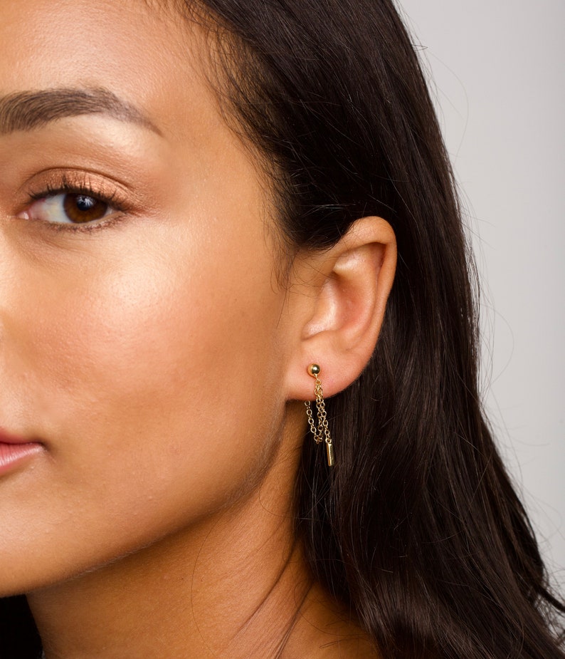 14k Gold Bead Dangle Chain Stud Earrings - Minimalist Jewelry image 5