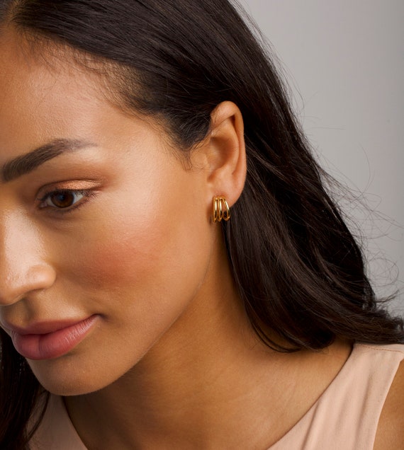 Triple Hoop Earrings, Triple Band Hoops, Gold Hoop Earrings