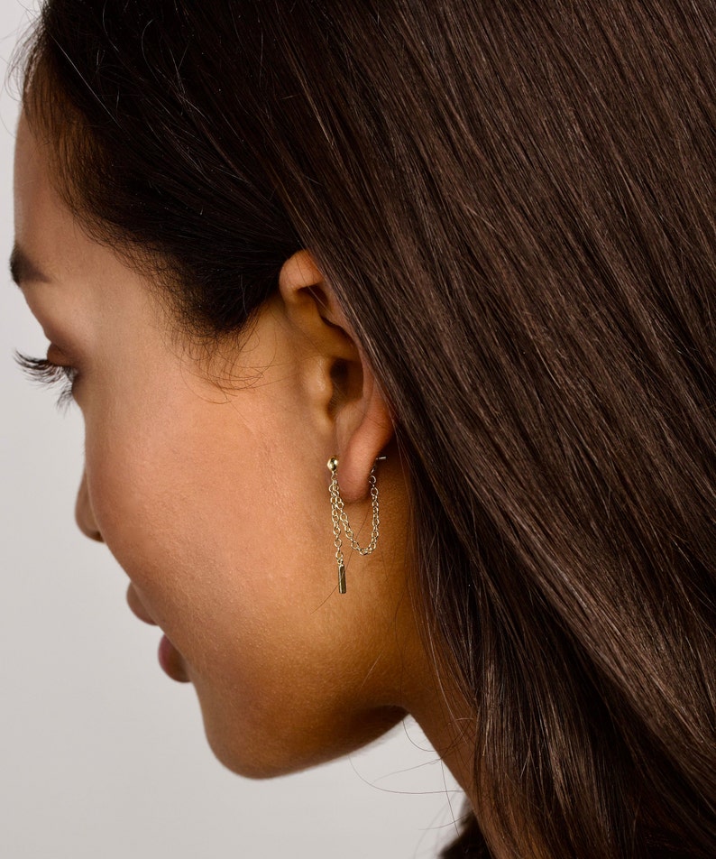 14k Gold Bead Dangle Chain Stud Earrings - Minimalist Jewelry image 4