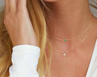 Gold Letter Necklace with Birthstone, Personalized Birthday Gift for Her, Tiny Initial Necklace, Custom Necklace for Women, Mothers Day Gift