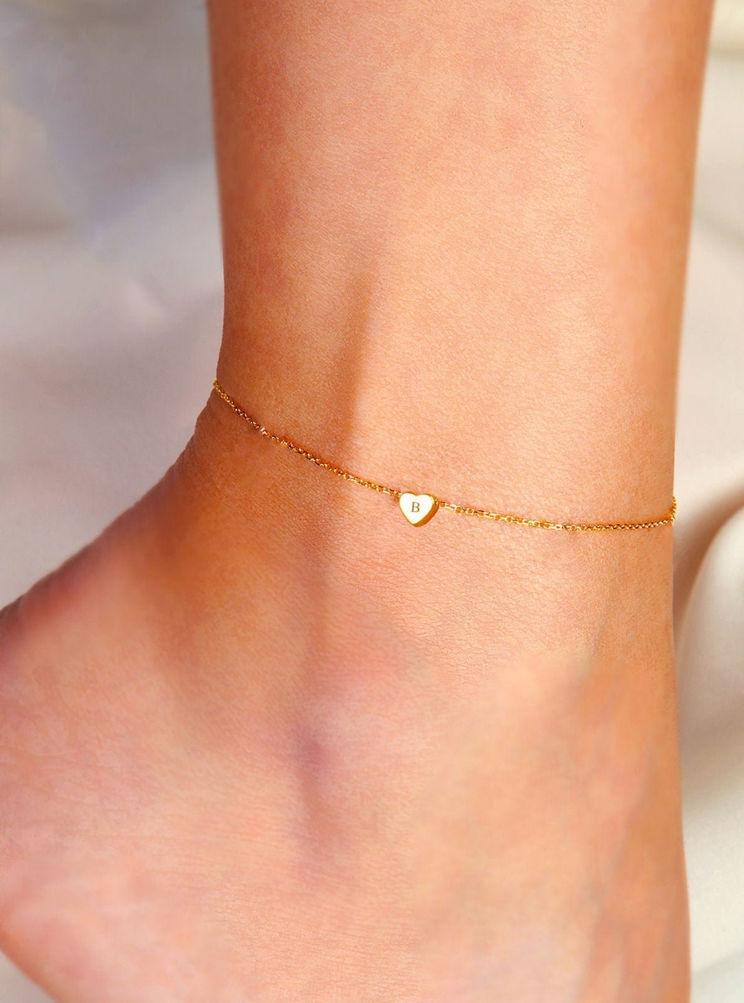 Heart Anklet, Personalized Heart Anklet, Tiny Heart Anklet, Letter