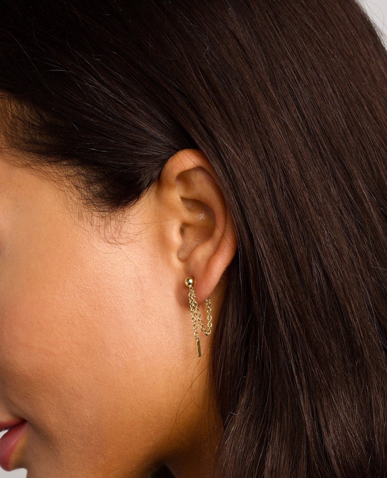 14k Gold Bead Dangle Chain Stud Earrings - Minimalist Jewelry image 1