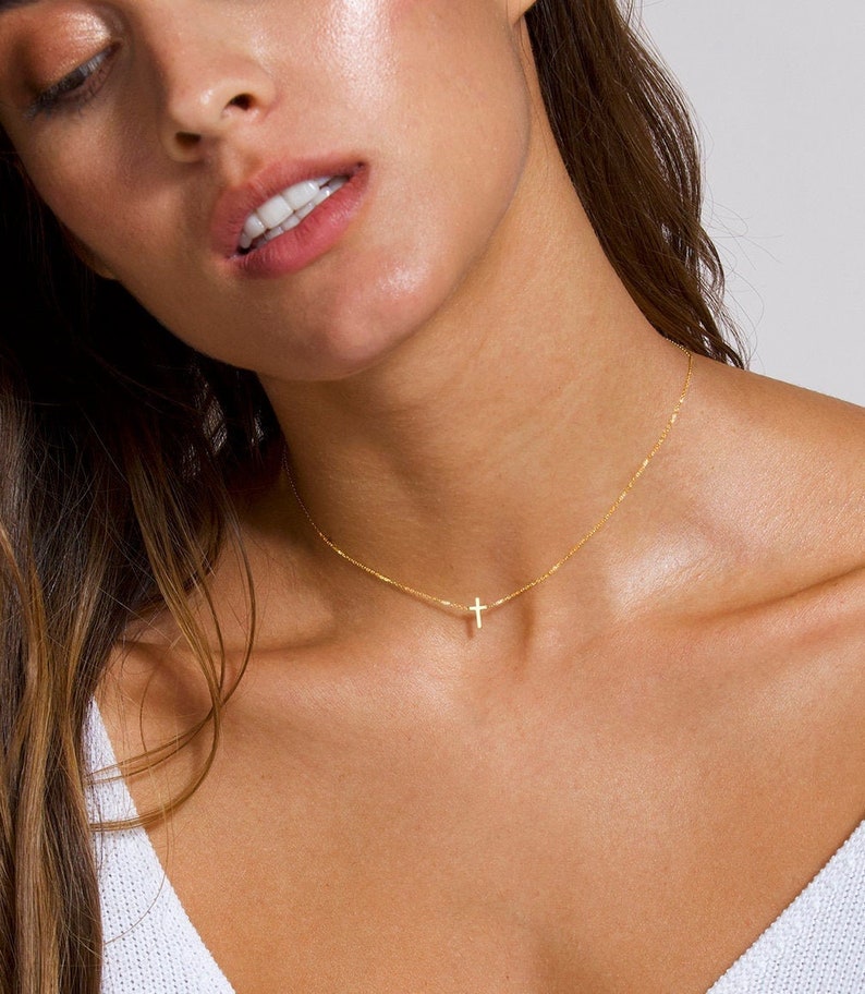 Dainty Cross Choker 14k Solid Gold Cross Necklace Gold Cross Etsy