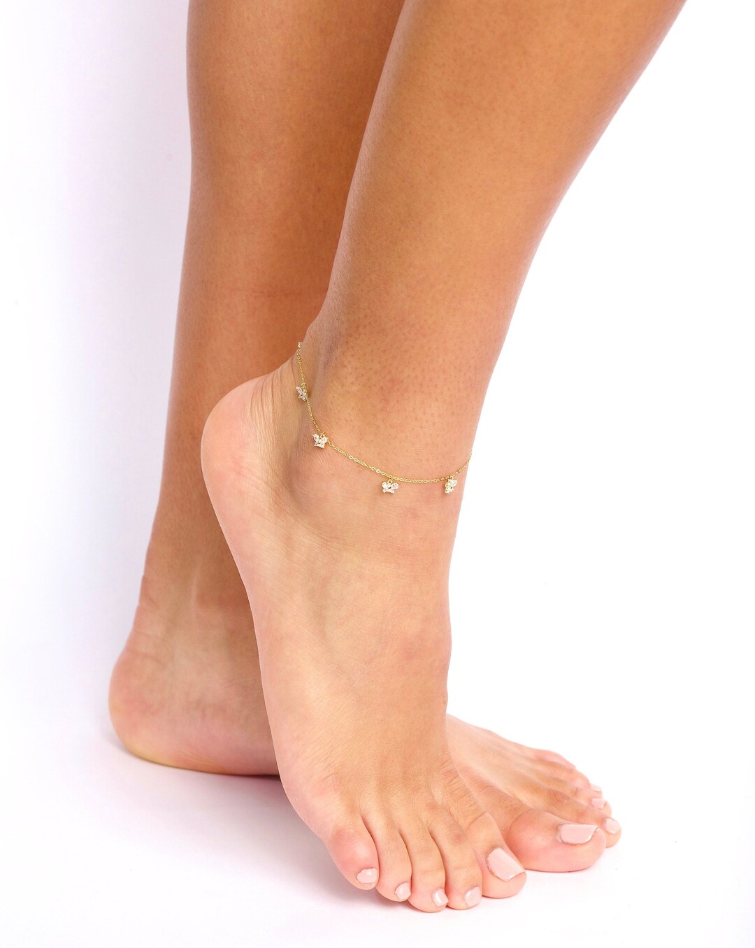 Dangling Tiny Butterfly Anklet, Diamond Butterfly Gold Anklet, Foot