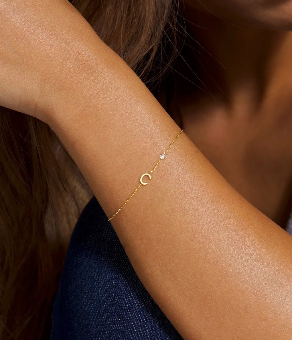 14k Solid Gold Diamond Bracelet, Initial Bracelet, Custom Letter Bracelet, Personalized Initial Bracelet, Birthday Gift, Personalized Gift,