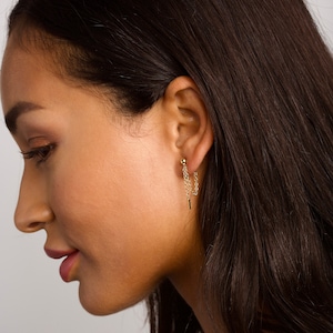 14k Gold Bead Dangle Chain Stud Earrings - Minimalist Jewelry image 3