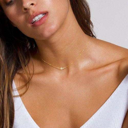 Tiny Gold Cross Choker Necklace - Gold and Sterling Silver Dainty Everyday Jewelry