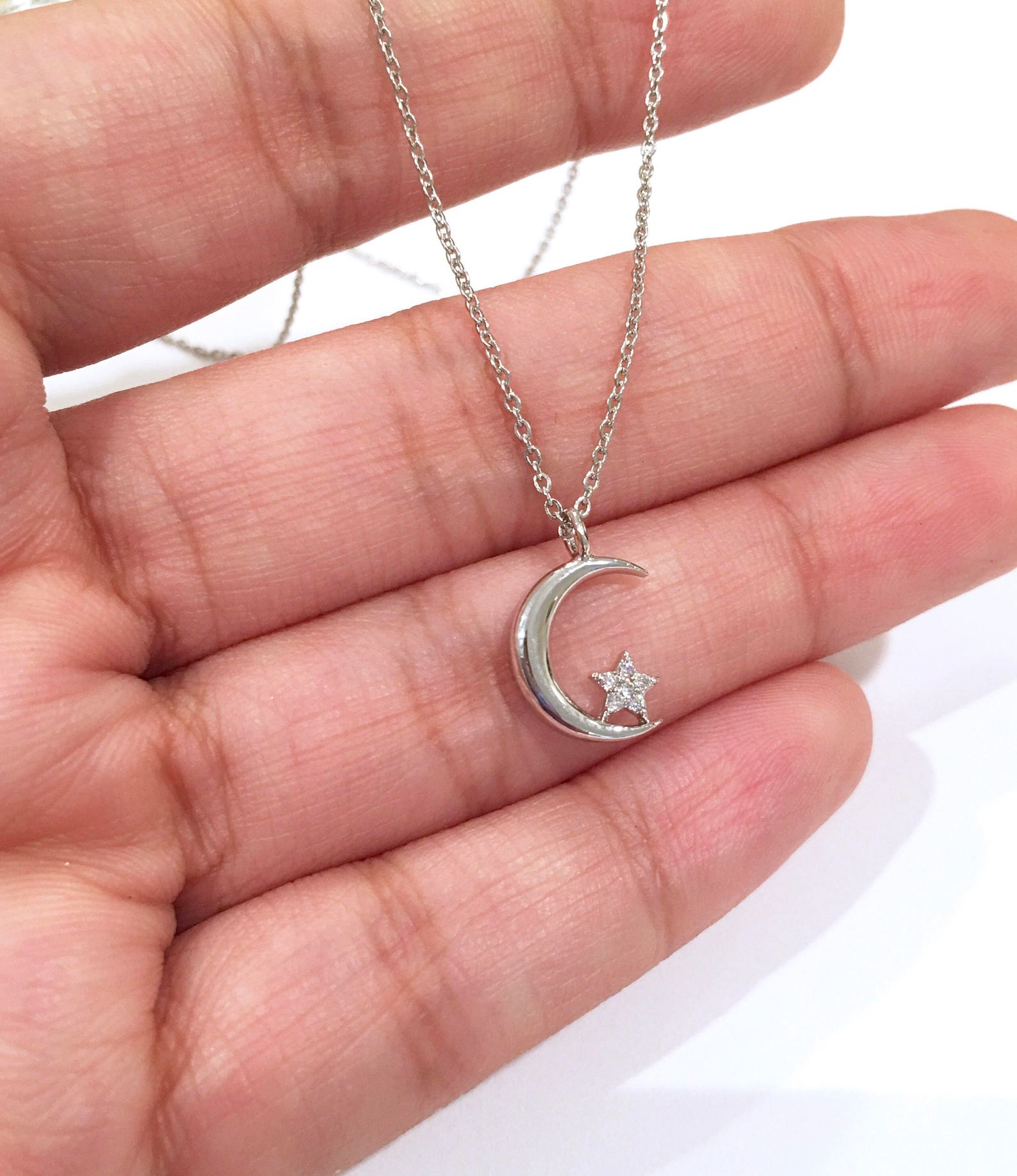 Silver Moon Necklace Diamond Moon Necklace Moon Necklace Etsy