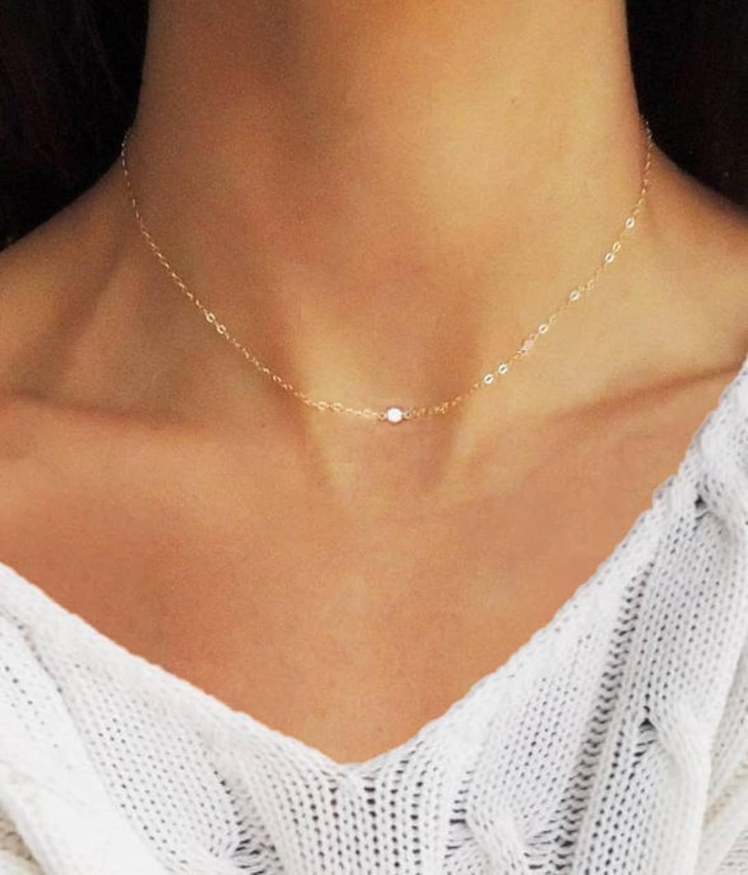 Gold Necklace Thin Diamond Choker 14K Gold Thin Diamond Choker