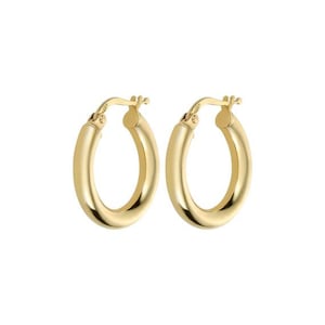 May include: A pair of gold hoop earrings. The earrings are simple and classic, with a smooth, polished finish.
