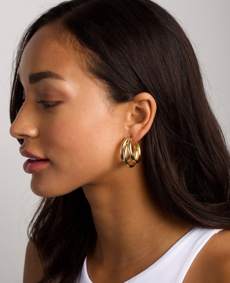 Large Triple Hoops, Gold Triple Earrings, Gold Hoops, Party Hoop Earrings, Elegant Hoops, Thick Triple Gold Hoop Earrings, Thick Hoops, Hoop image 1