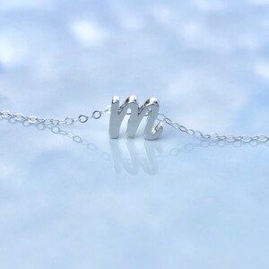 May include: A silver necklace with a cursive letter 'M' pendant.