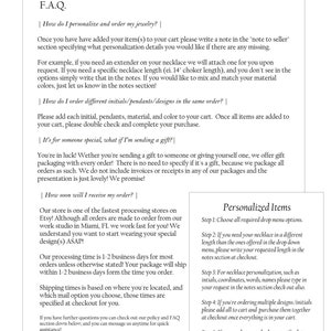 May include: A FAQ page for a jewelry shop on Etsy. The page explains how to personalize and order jewelry, including how to add initials, pendants, and designs. It also explains the shop's processing and shipping times, and how to order gifts.