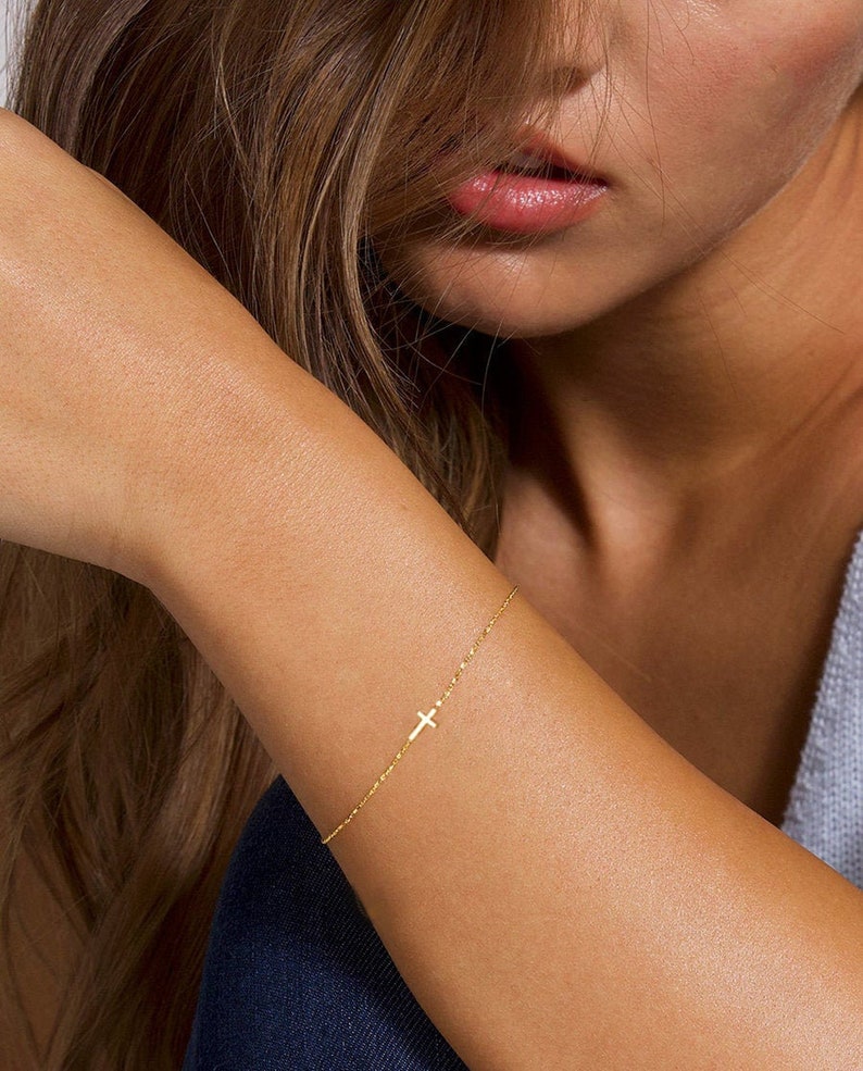 Gold Cross with Diamond Bracelet, Cross Gift Bracelet, 14k Solid Gold Bracelet with Diamond and Cross, Gold Cross Bracelet Gift, Cross Gift image 6