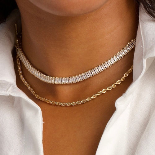 14K Gold Tennis Baguette Necklace, Cubic Zirconia Choker, Diamond