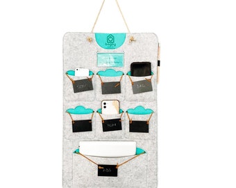Multi Pocket Hanging Phone Tablet Holder, Teal en Grey, verminder de schermtijd, niet-aangesloten gezinnen, mindful wellness-cadeau, Docking Station