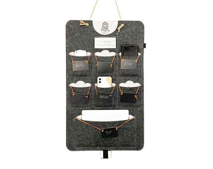 Multi Pocket Hanging Phone Tablet Holder, Charcoal, Reduce Screen Time, For Unplugged Families. Family Wellness Gift, Docking Station