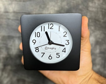 Black Alarm Clock Analog No Ticking Silent, Real Wood, Snooze Function, Large Face. Numbered Dial, Night light, Gentle alarm sound