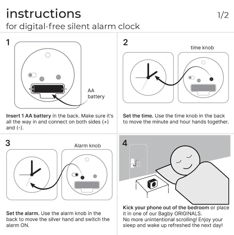Peut inclure: Instructions pour un r&eacute;veil silencieux sans affichage num&eacute;rique. L'image montre quatre &eacute;tapes&nbsp;: ins&eacute;rer une pile, r&eacute;gler l'heure, r&eacute;gler l'alarme et placer le r&eacute;veil sur une table de chevet.