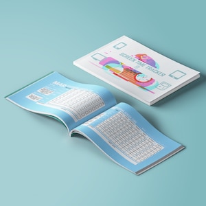 May include: A screen time tracker notebook with a light blue cover and interior pages. The cover features the text "SCREEN TIME TRACKER" and a colorful graphic. The open pages display a monthly screen time tracking chart.