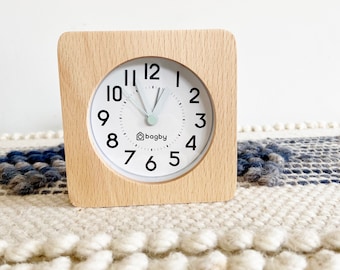 Farmhouse Design Analog Alarm Clock, Silent Alarm Clock, Real wood, Large Face, Numbered Dial, Snooze Function, Gift for home