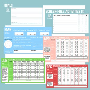 May include: A collection of colorful screen-free activity and time-tracking planners. The planners include sections for goals, monthly snapshots, and weekly screen time tracking. The designs feature a variety of colors and text, with the brand name "bagby" visible.