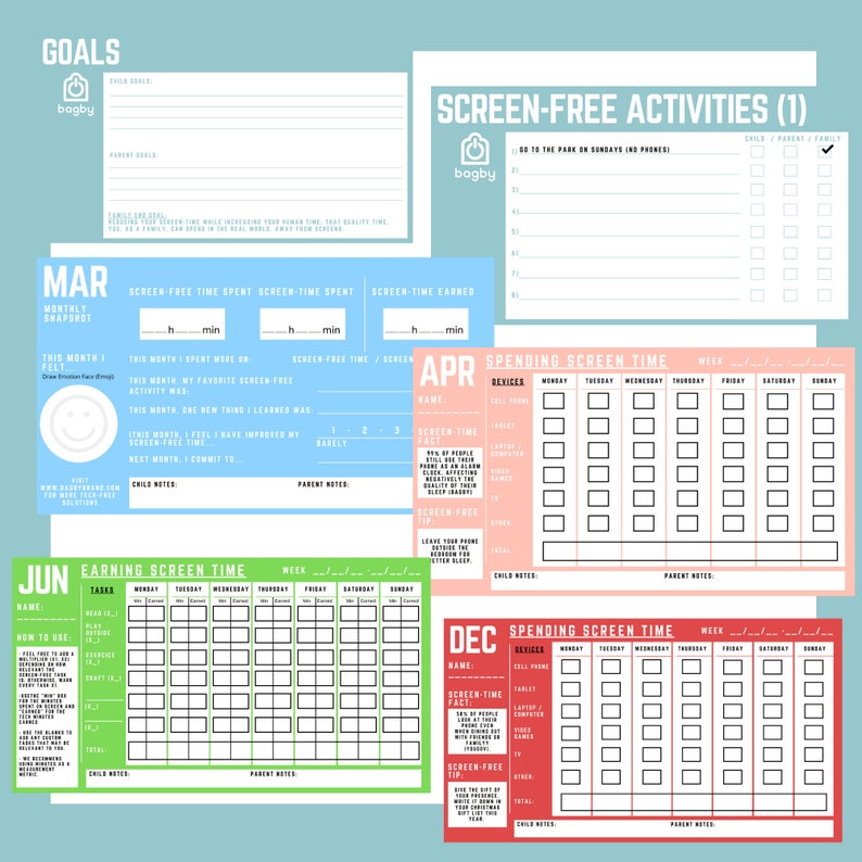 May include: A collection of colorful screen-free activity and time-tracking planners. The planners include sections for goals, monthly snapshots, and weekly screen time tracking. The designs feature a variety of colors and text, with the brand name "bagby" visible.