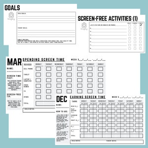 May include: A collection of printable planner pages with a teal background. The pages include sections for setting goals, tracking screen time, and planning screen-free activities. The text includes "Goals", "Screen-Free Activities", and "Spending Screen Time".