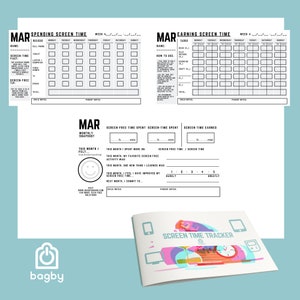 May include: A white screen time tracker with the word "MAR" at the top. The tracker includes sections for spending and earning screen time, a monthly snapshot, and a booklet with the words "SCREEN TIME TRACKER". The brand logo "bagby" is at the bottom.