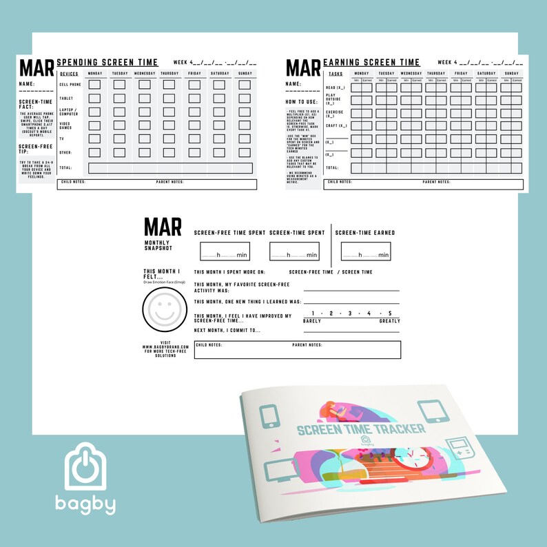 May include: A white screen time tracker with the word "MAR" at the top. The tracker includes sections for spending and earning screen time, a monthly snapshot, and a booklet with the words "SCREEN TIME TRACKER". The brand logo "bagby" is at the bottom.