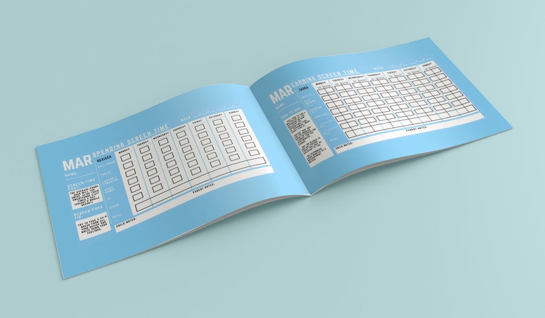 May include: Open notebook with a light blue cover, featuring a screen time tracker for March. The pages display a weekly grid for tracking screen time, with sections for notes. Text includes "Spending Screen Time" and "Learning Screen Time".