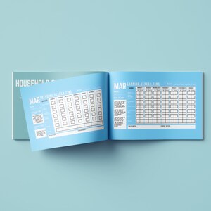 May include: Open book with a light blue cover and pages. The open pages display a weekly screen time chart for March, with boxes for each day of the week. The chart includes sections for tasks, notes, and a 'How to Use' guide.
