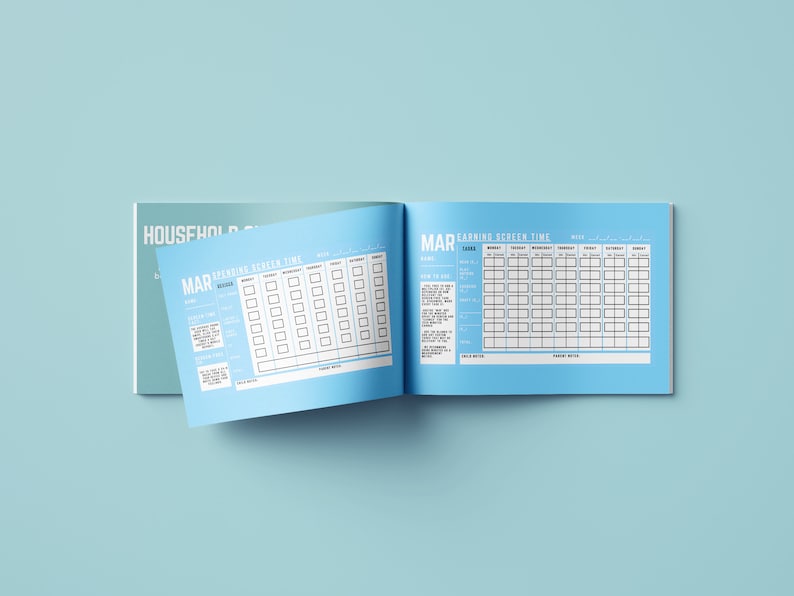 May include: Open book with a light blue cover and pages. The open pages display a weekly screen time chart for March, with boxes for each day of the week. The chart includes sections for tasks, notes, and a 'How to Use' guide.
