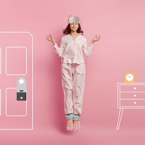 May include: A woman wearing a pink and white striped pajama set and a sleep mask is meditating in front of a pink background. A white outline of a door with a doorknob is on the left side of the image. A white outline of a nightstand with a clock on top is on the right side of the image.