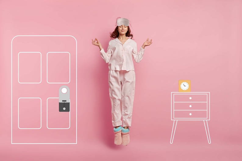 May include: A woman wearing a pink and white striped pajama set and a sleep mask is meditating in front of a pink background. A white outline of a door with a doorknob is on the left side of the image. A white outline of a nightstand with a clock on top is on the right side of the image.