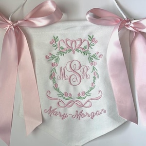 Custom Embroidered Baby Girl Monogram Banner: Green & Pink Nursery Decor