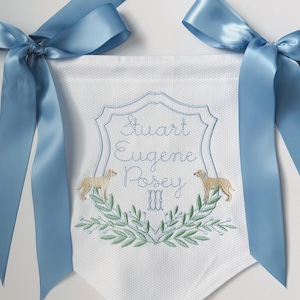 Custom Embroidered Baby Monogrammed Banner, Monogrammed door hanger, New baby gift, Baby Shower name banner, Baby hospital banner, Puppy