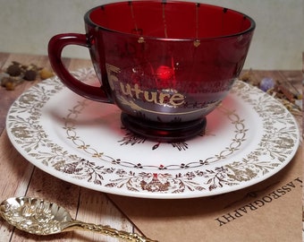 Tea Leaf Reading Set | Fortune Telling Tea Cup set with hand painted cup and saucer, crystal tipped teaspoon and hand bound instruction book