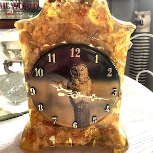 Puede incluir: Un reloj decorativo con un marco de resina, con piedras incrustadas y una esfera con una ilustración de un búho. La esfera tiene números y manecillas doradas. Un artículo de decoración del hogar único.