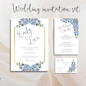 Blue Hydrangea Wedding Invitation Set – Editable Canva Templates | Printable Invite, RSVP, Details Card | Coastal Garden Floral Wedding Set
