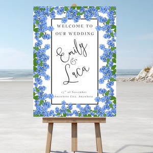 Blue Hydrangea Wedding Welcome Sign Template – Editable Canva Sign, Printable 18x24” Floral Wedding Decor, Garden Wedding Sign