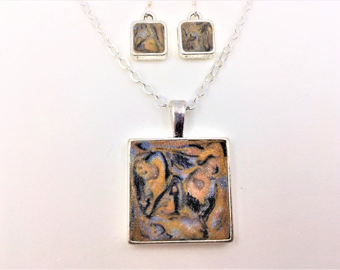 Bk/Gold/Silver/Copper Handcrafted Silver Plate Polymer Clay Pendant & Earrings - Sterling Silver Earring Hooks - One of a Kind - Unique Gift