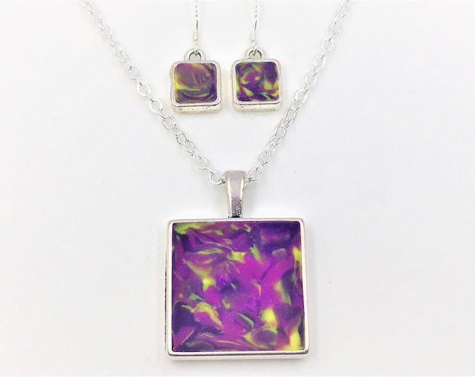 Purple Tones/Yellow Handcrafted Silver Plate Polymer Clay Pendant and Earrings - Sterling Silver Earring Hooks - One of a Kind - Unique Gift