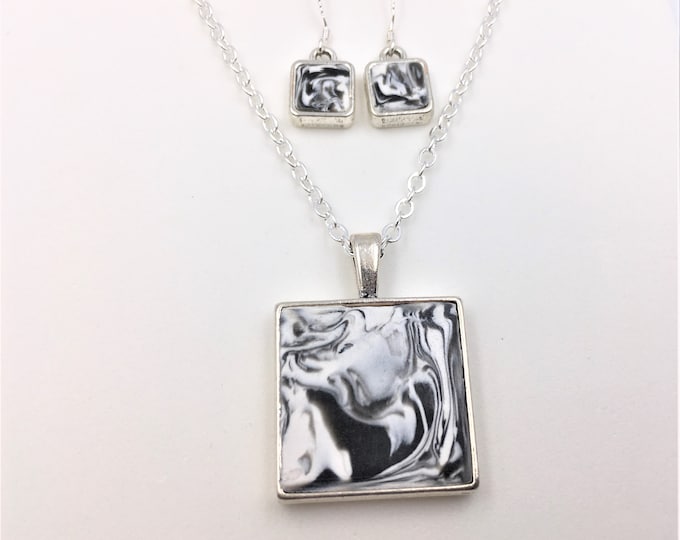 Black & White Handcrafted Silver Plate Polymer Clay Pendant and Earrings - Sterling Silver Earring Hooks - One of a Kind - Unique Gift